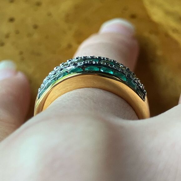 Natural Zambian Emerald Sterling Silver Yellow Gold Vermeil Ring Size 6 - Picture 2 of 8